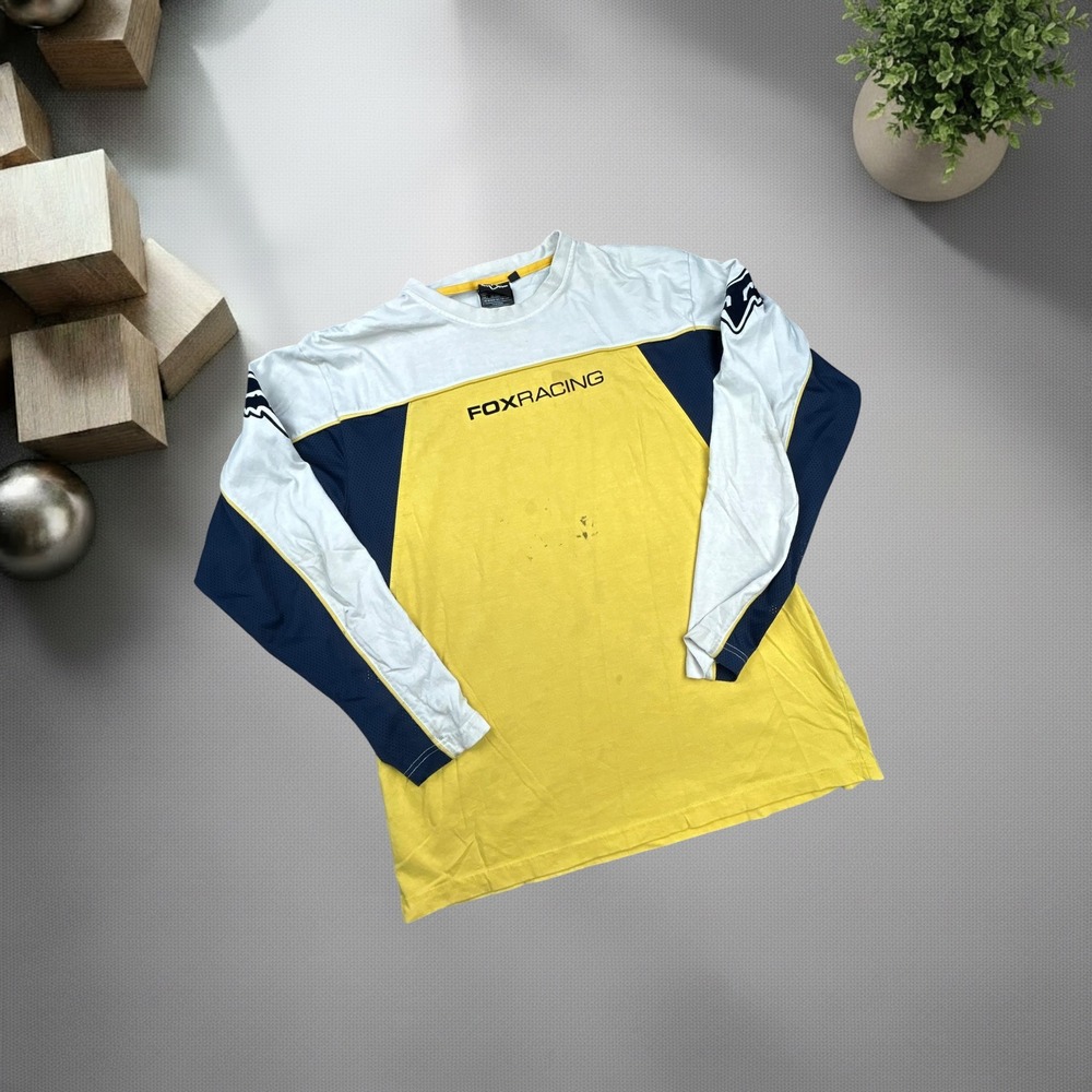 Vintage Fox Racing Long Sleeve Jersey Y2K Motocross Yellow White Navy Large